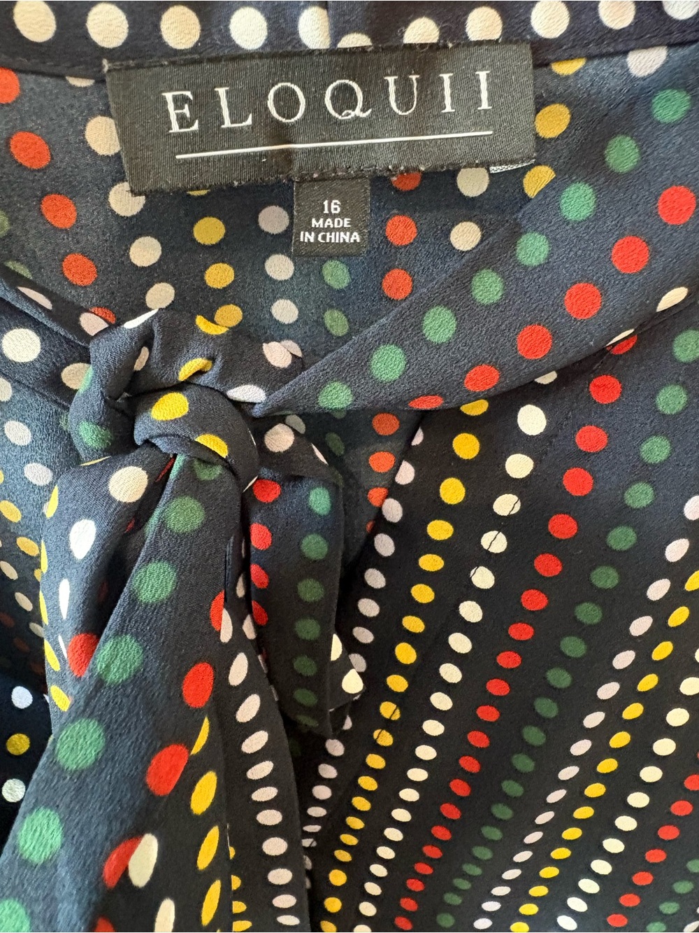 Eloquii Navy Polka Dot Tie-Neck Blouse with Red, Yellow, Green, White Dots - Picture 2 of 2